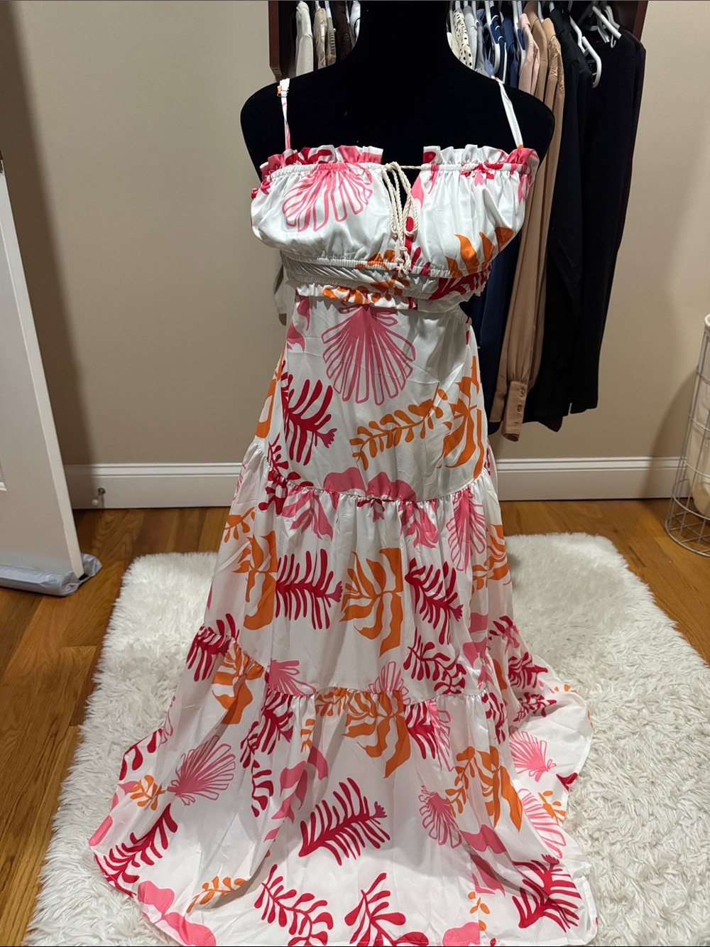 Brand New Without tagsWhite Maxi Dress with Pink & Orange Tropical Print